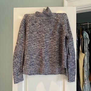 Madewell slightly cropped blue and white knit turtle neck sweater